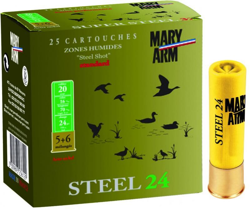 Cartouches billes acier MARY ARM STEEL 24 cal.20/67 24gr - n°5+6 (boite de 25)