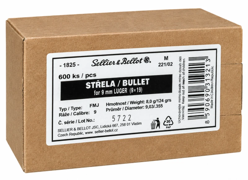 Ogives 2909 SELLIER BELLOT cal.9mm Luger FMJ 124gr /600