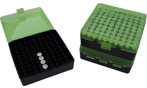 Boite à munitions MTM 100 cartouches cal.9mm Para "Translucide Verte"