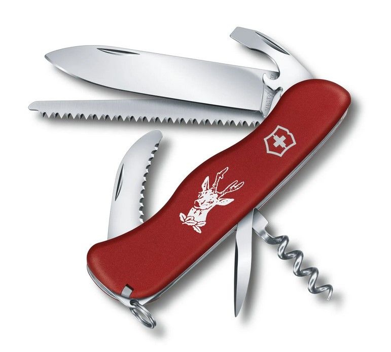 VICTORINOX HUNTER ROUGE MOTIF CHEVREUIL - Couteau de poche polyvalent 12 fonctions