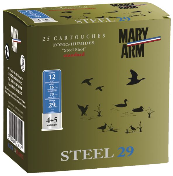 Cartouches billes acier MARY ARM Steel cal.12/70 29gr - n°4+5 (boite de 25)