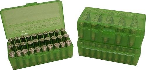 Boite à munitions MTM 50 cartouches cal.9mm Para "vert translucide"