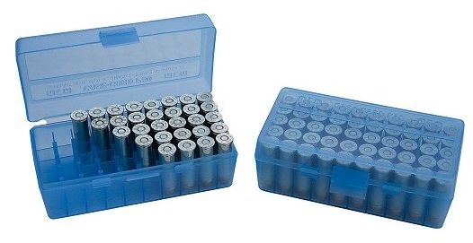 Boite à munitions MTM 50 cartouches cal.9mm Para "bleu translucide"