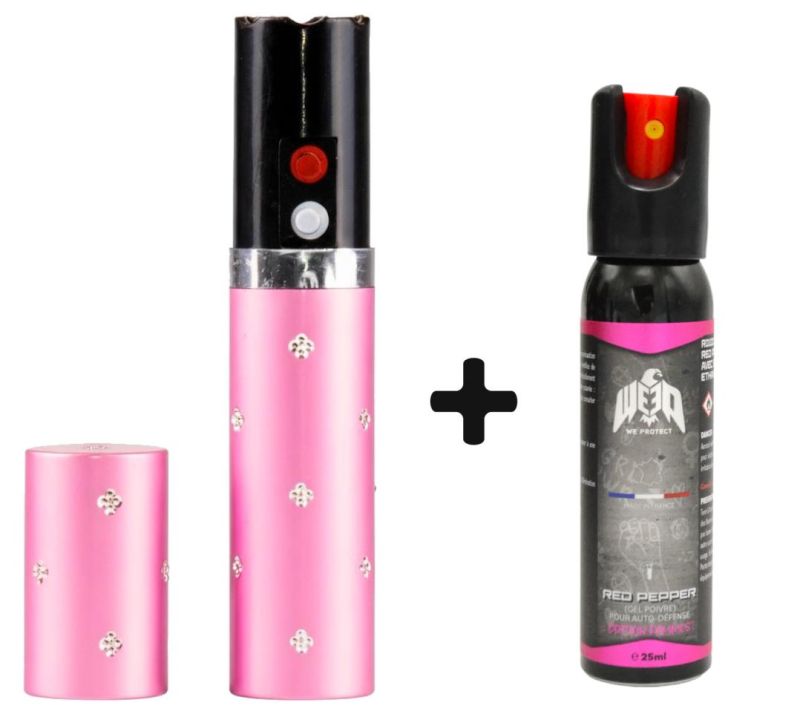 "Pack Lady" Taser LIPSTICK Rose 2 000 000 Volts avec lampe - bombe lacrymogène WE PROTECT Gel