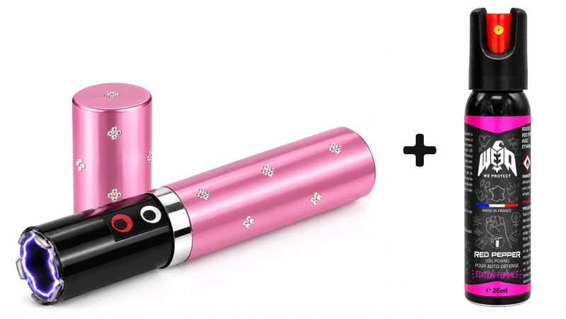 "Pack Lady" Taser LIPSTICK Rose 2 000 000 Volts avec lampe - bombe lacrymogène WE PROTECT Gel
