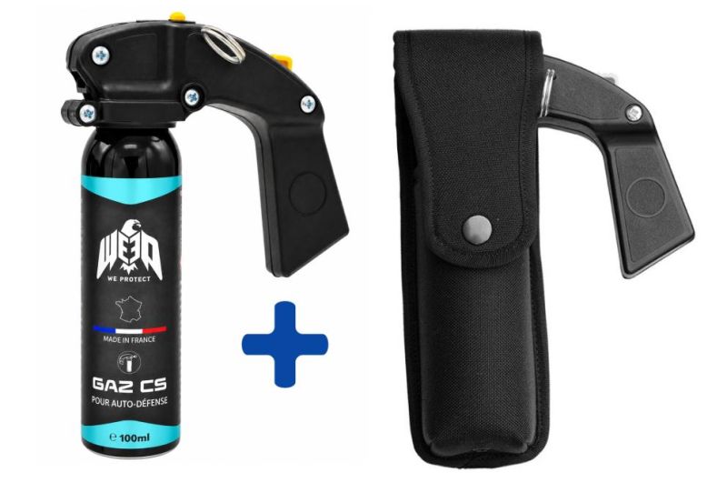 "Pack" Bombe lacrymogène Gaz CS 70% WE PROTECT - 100ml avec poignée avec etui porte ceinture