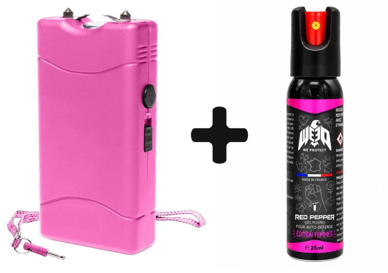 "Pack Lady" Taser de poche Rose 5 000 000 Volts avec Led - bombe lacrymogène WE PROTECT Gel
