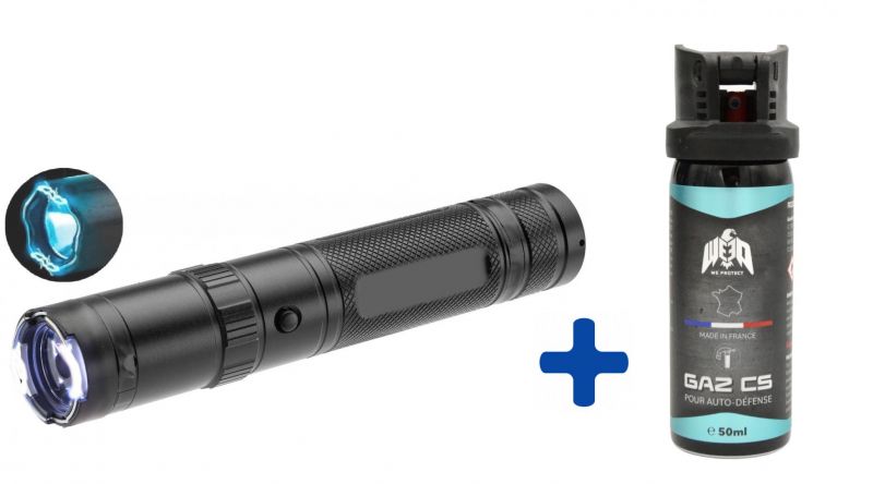 "Pack Anti-agression" Taser lampe torche PRAGA W6 270 Lm / 10 000 000 Volts - bombe lacrymogène WE PROTECT Gaz-old