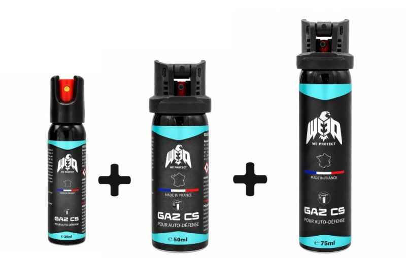 Bombe lacrymogène de poche Gaz CS 70% WE PROTECT "Pack 25ml - 50ml - 75ml"