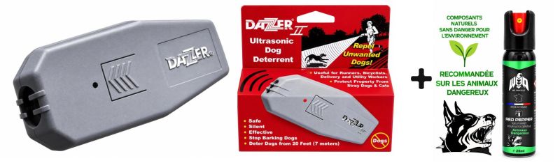 "Pack Anti-Chien" Ultrason anti chien DAZER II - bombe lacrymogène WE PROTECT Gel Animaux Dangeureux