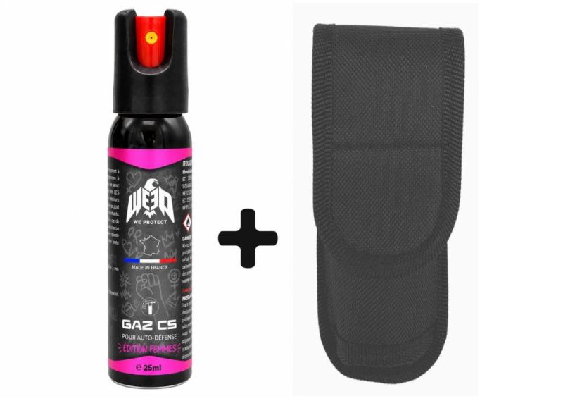 "Pack" Bombe lacrymogène de poche Gaz CS Femme rose WE PROTECT - 25ml avec étui