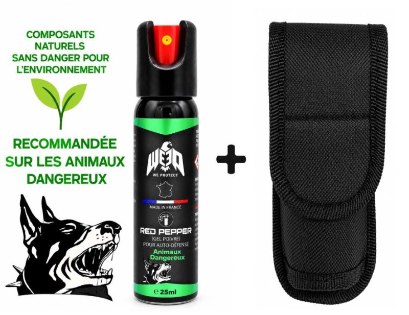 "Pack" Bombe au poivre de poche Gel Animaux Dangereux WE PROTECT - 25ml avec étui