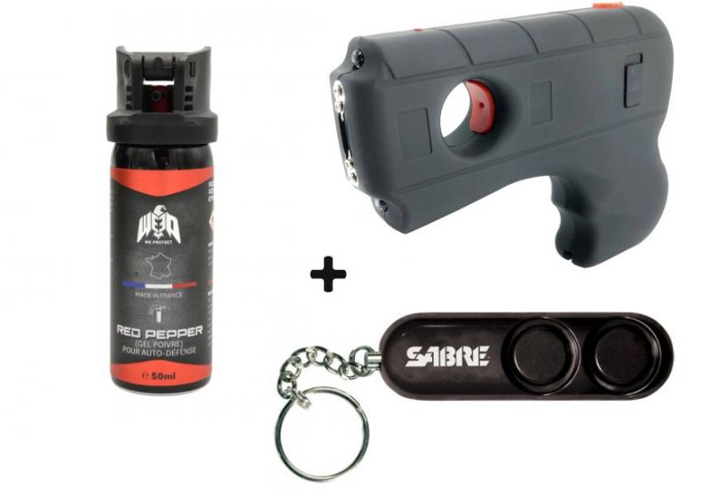 "Pack Anti-agression" Poing electrique GUN X AKIS 6 000 000 Volts - Alarme 110 décibels - Bombe WE PROTECT Gel 50ml