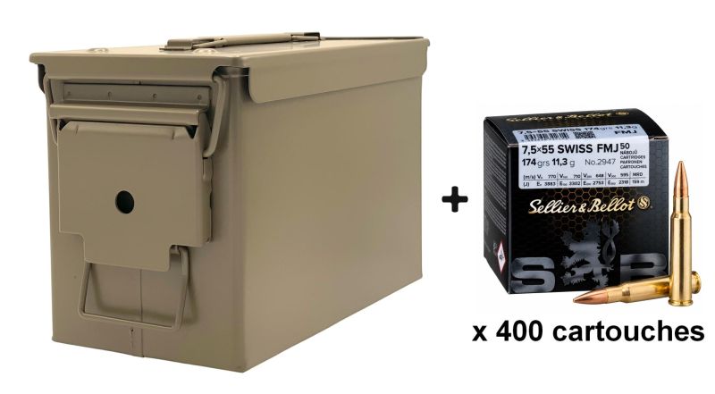 SELLIER & BELLOT cal.7,5x55 Swiss FMJ /Caisse militaire TAN 400 cartouches