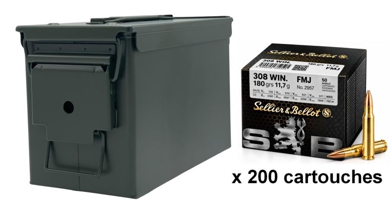 SELLIER & BELLOT cal.308 Win FMJ 180 grains - 11.7 grammes /Caisse OLIVE 200 cartouches