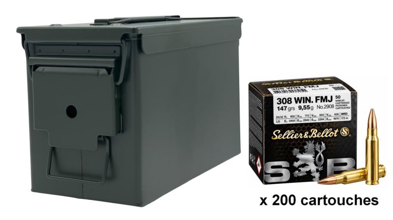 SELLIER & BELLOT cal.308 Win FMJ 147 grains - 9.55 grammes /Caisse OLIVE 200 cartouches