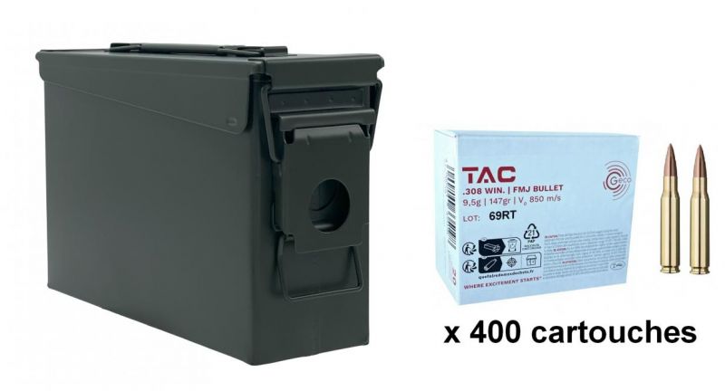 GECO cal.308 Win FMJ TAC 150 grains - 9.7 grammes /Caisse Olive 400 cartouches