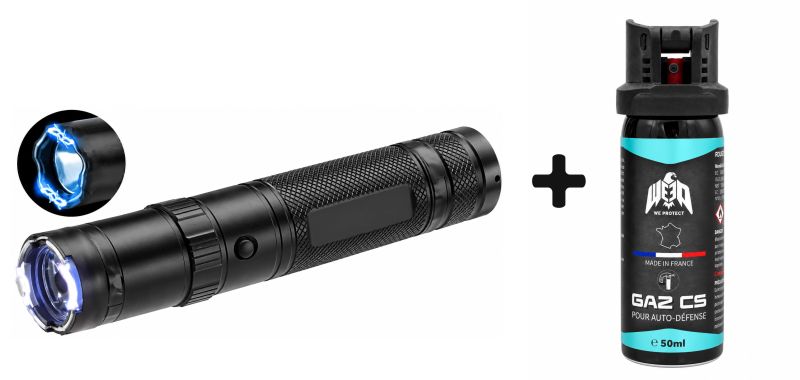 "Pack Anti-agression" Taser lampe torche UX 250 Lm / 10 000 000 Volts - bombe lacrymogène WE PROTECT Gaz