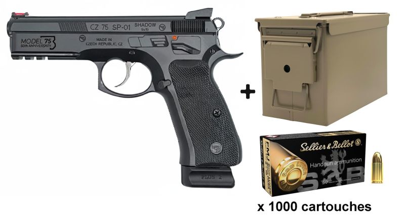 Pistolet CZ 75 SP01 Shadow "Model 75 - 50th Anniversary" calibre 9x19 "Pack caisse 1000 cartouches SELLIER & BELLOT"