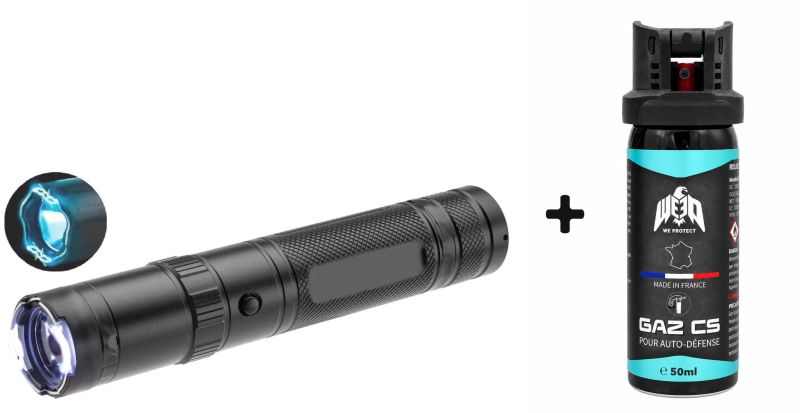 "Pack Anti-agression" Taser lampe torche PRAGA W6 270 Lm / 10 000 000 Volts - bombe lacrymogène WE PROTECT Gaz