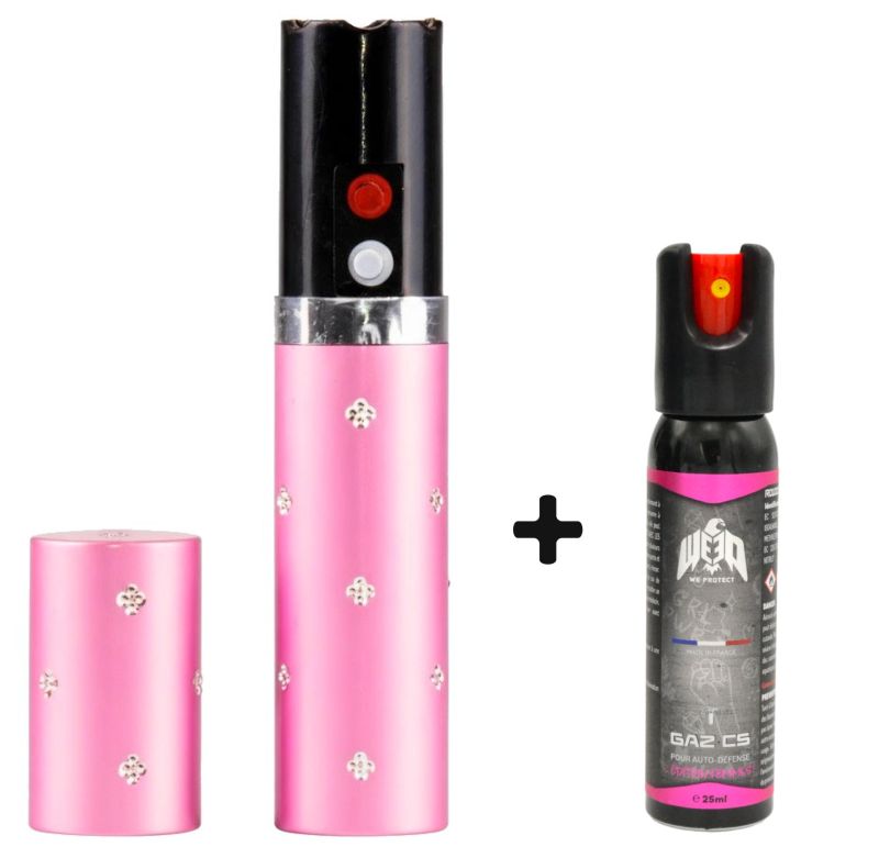 "Pack Lady" Taser LIPSTICK Rose 2 000 000 Volts avec lampe - bombe lacrymogène WE PROTECT Gaz CS