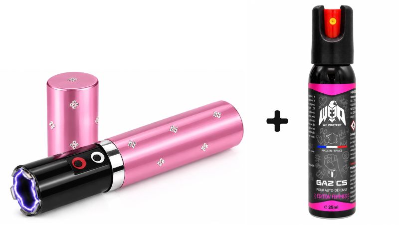 "Pack Lady" Taser LIPSTICK Rose 2 000 000 Volts avec lampe - bombe lacrymogène WE PROTECT Gaz CS