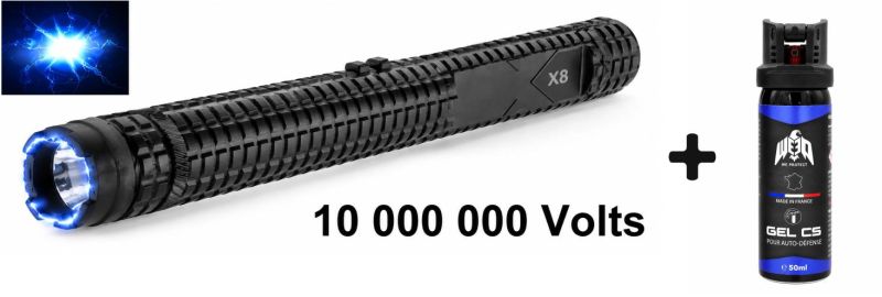 "Pack Anti-agression" Matraque lampe Shocker UX "X8" 10 000 000 Volts - bombe lacrymogène WE PROTECT Gel