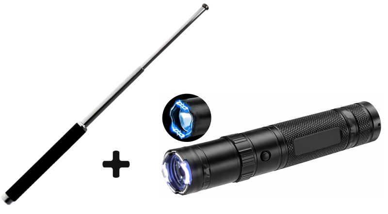 Taser lampe torche UX X6 250 Lumens / 10 000 000 Volts - Matraque télescopique de poche ''Protection Baton'' Acier (50 cm)