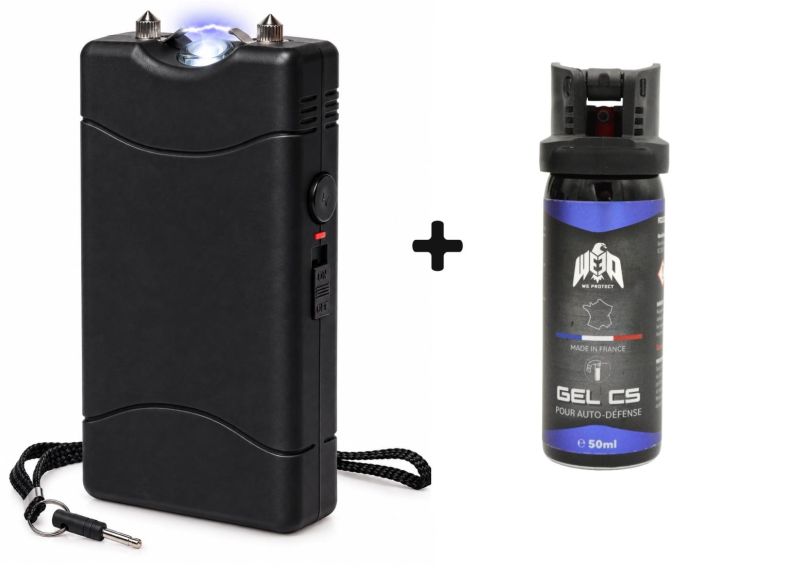"Pack Étudiant" Taser de poche Noir 3 800 000 Volts RECHARGEABLE avec Led - bombe lacrymogène WE PROTECT Gel