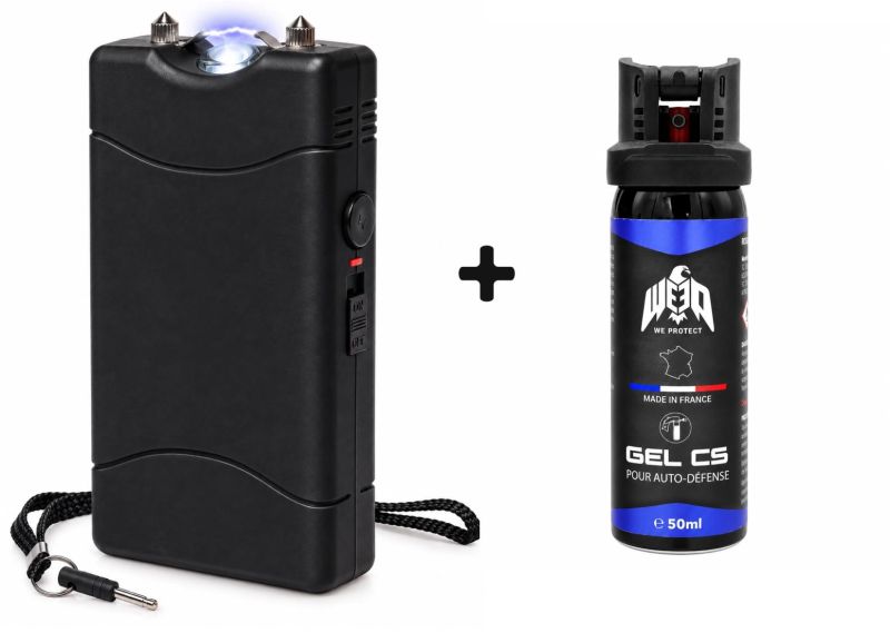 "Pack Étudiant" Taser de poche Noir 3 800 000 Volts RECHARGEABLE avec Led - bombe lacrymogène WE PROTECT Gel