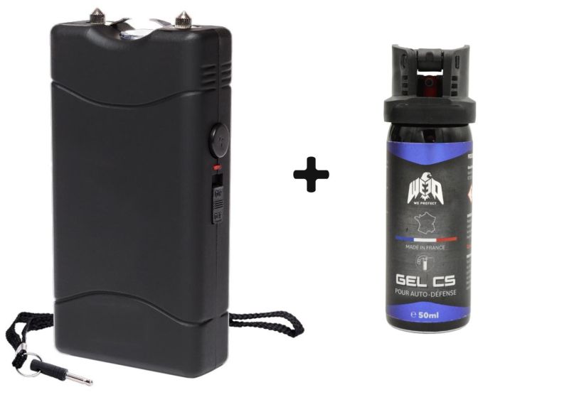 "Pack Étudiant" Taser de poche Noir 3 800 000 Volts RECHARGEABLE avec Led - bombe lacrymogène WE PROTECT Gel