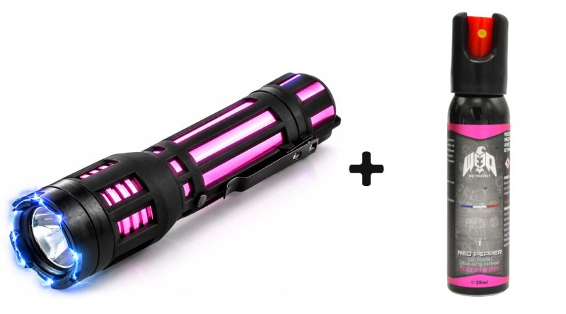 Taser lampe torche PIRANHA Rose 130 Lumens / 3 800 000 Volts - Bombe au poivre Gel Femme rose WE PROTECT 25ml