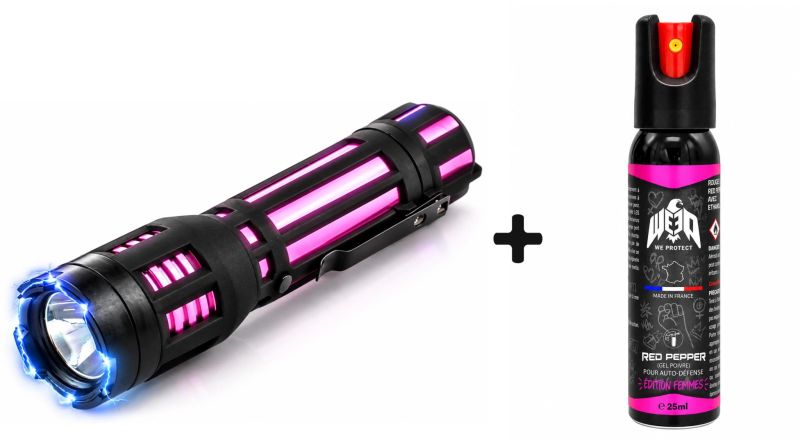 Taser lampe torche PIRANHA Rose 130 Lumens / 3 800 000 Volts - Bombe au poivre Gel Femme rose WE PROTECT 25ml