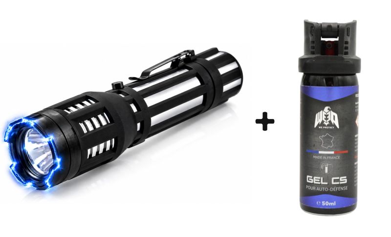 Taser lampe torche PIRANHA Argent 130 Lumens / 3 800 000 Volts - Bombe lacrymogène Gel CS WE PROTECT 50ml