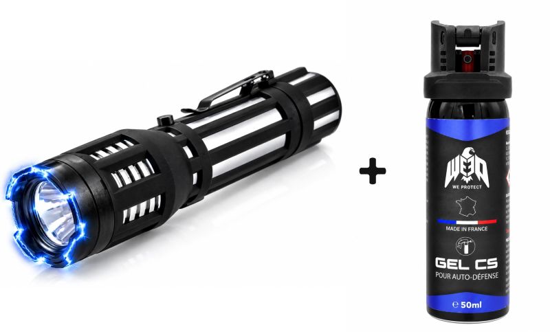 Taser lampe torche PIRANHA Argent 130 Lumens / 3 800 000 Volts - Bombe lacrymogène Gel CS WE PROTECT 50ml