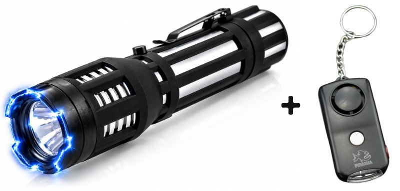 Taser lampe torche PIRANHA Argent 130 Lumens / 3 800 000 Volts - Alarme porte clé Noir "120 décibels" PANIC PIRANHA
