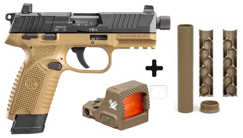 Pistolet FN HERSTAL 502 Tactical Black/FDE cal.22Lr "Pack Silencieux BT FDE - VORTEX Defender CCW FDE"