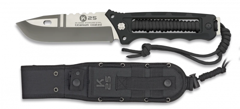 Couteau encordé K25 Tactical Knife Noir Lame 11,5cm
