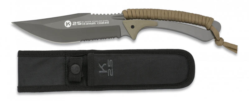 Couteau encordé K25 Tactical Knife Noir/Tan Lame 13,3cm
