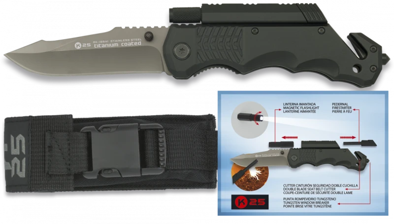 Couteau pliant K25 Tactical Knife Silex/Torche Noir Lame 9cm