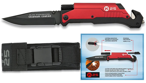 Couteau pliant K25 Tactical Knife Silex/Torche Noir/Rouge Lame 9cm