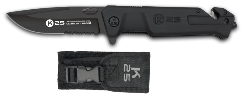 Couteau pliant K25 Tactical Knife Rescue Emmergency Titanium Noir Lame 9cm