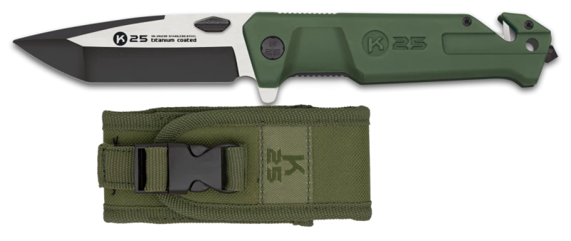 Couteau pliant K25 Tactical Knife Rescue Emmergency Titanium Vert Lame 9cm