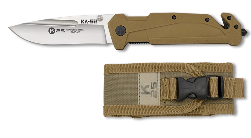 Couteau pliant K25 Tactical Knife Rescue Emmergency KA-52 Titanium Tan Lame 9cm