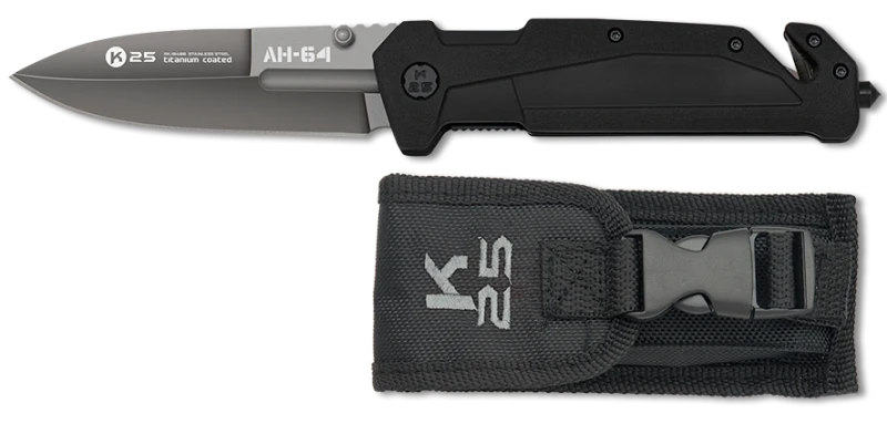 Couteau pliant K25 Tactical Knife Rescue Emmergency AH-64 Titanium Noir Lame 9cm
