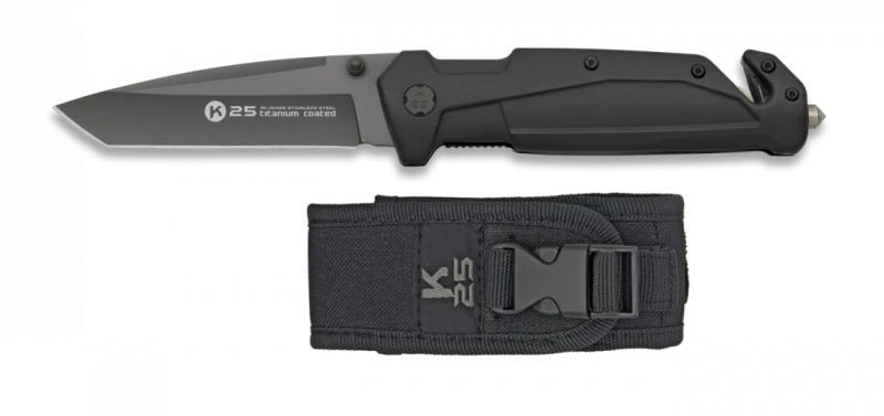 Couteau pliant K25 Tactical Knife Rescue Emmergency Titanium Tanto Noir Lame 9cm