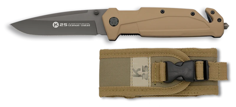 Couteau pliant K25 Tactical Knife Rescue Emmergency Titanium Noir/Tan Lame 9cm