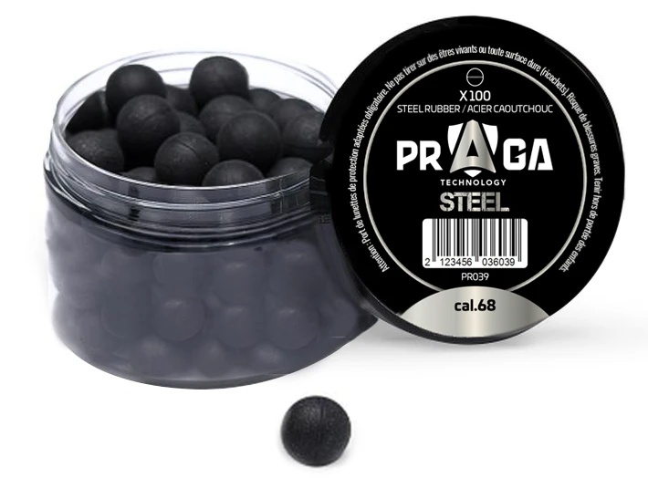 Billes caoutchouc/acier noire PRAGA pour pistolets ou revolvers cal.68 (17.27mm) /100