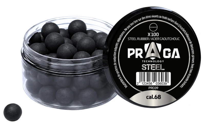 Billes caoutchouc/acier noire PRAGA pour pistolets ou revolvers cal.68 (17.27mm) /100