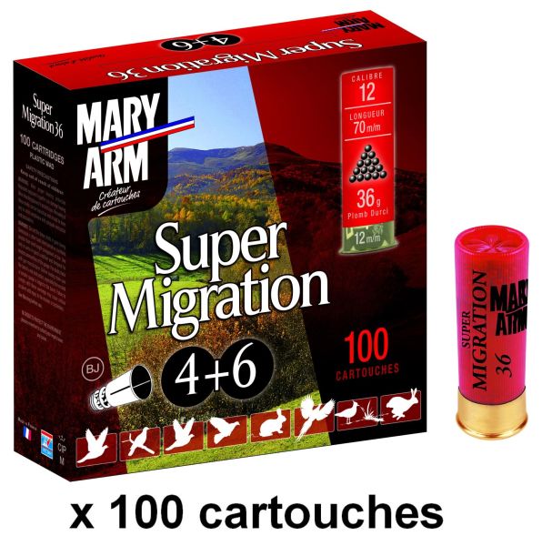 Cartouches MARY ARM SUPER MIGRATION cal.12/70 36gr - n°4+6 (Pack de 100)
